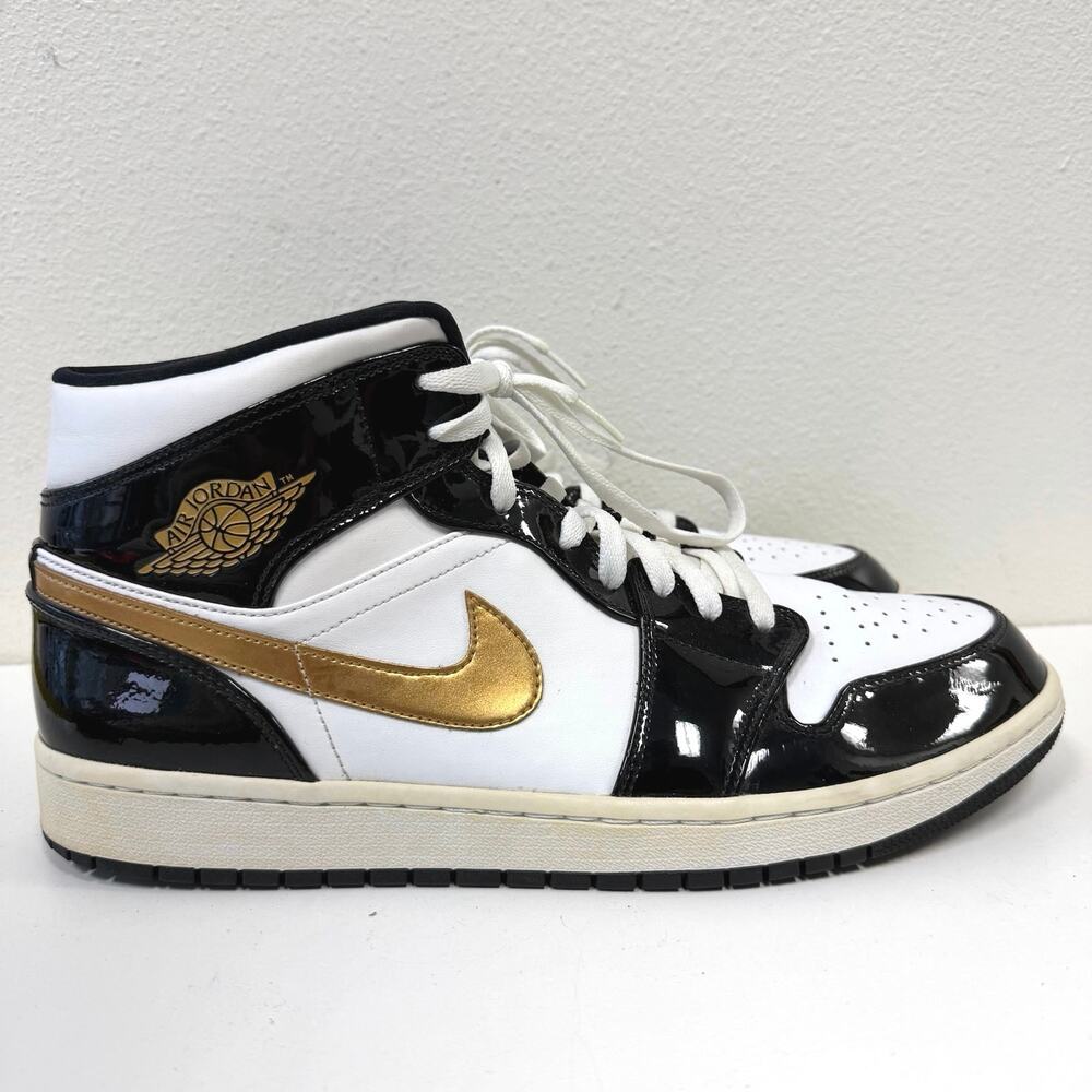 Nike Air Jordan 1 Mid Patent Black Gold White SE 852542-007 Size 13